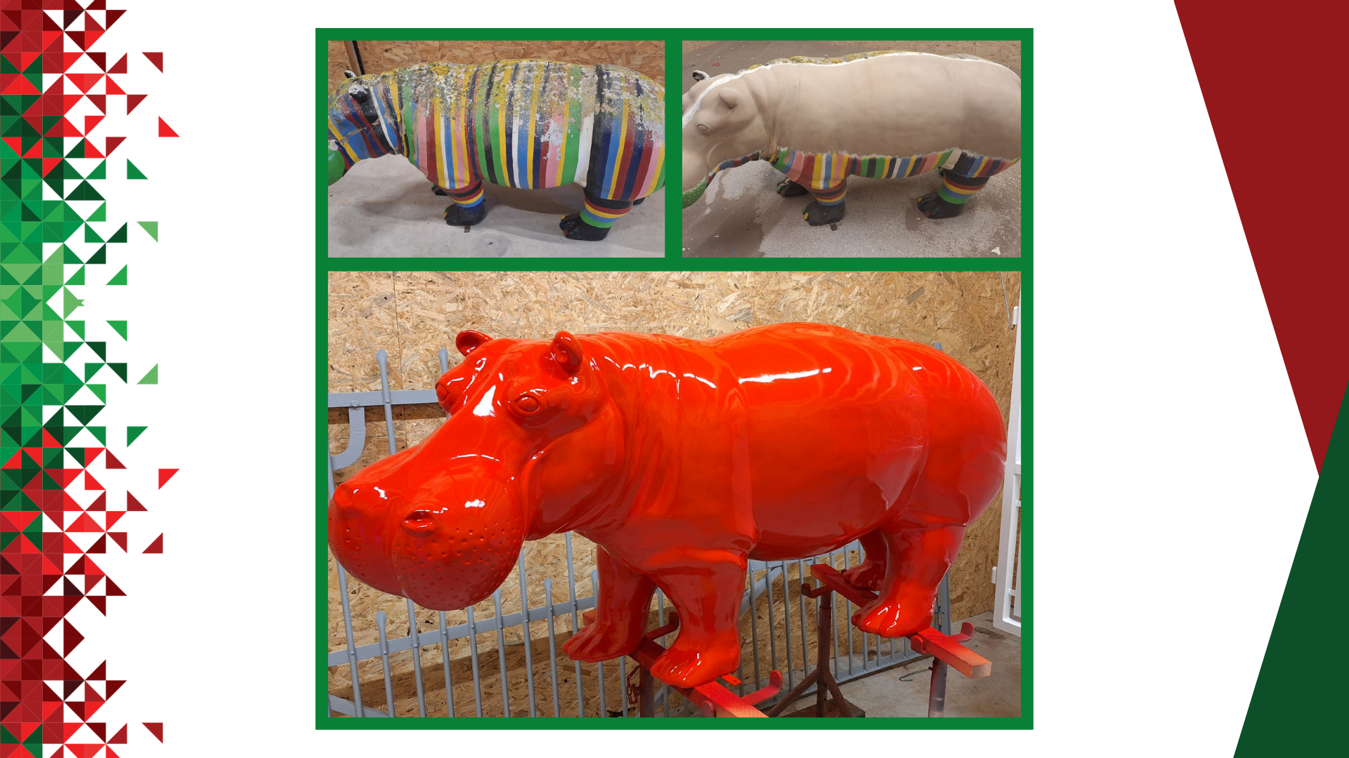 Montage avec l'avant et l'après rénovation avec aérogommage d'une grande statue rouge brillante représentant un hippopotame
