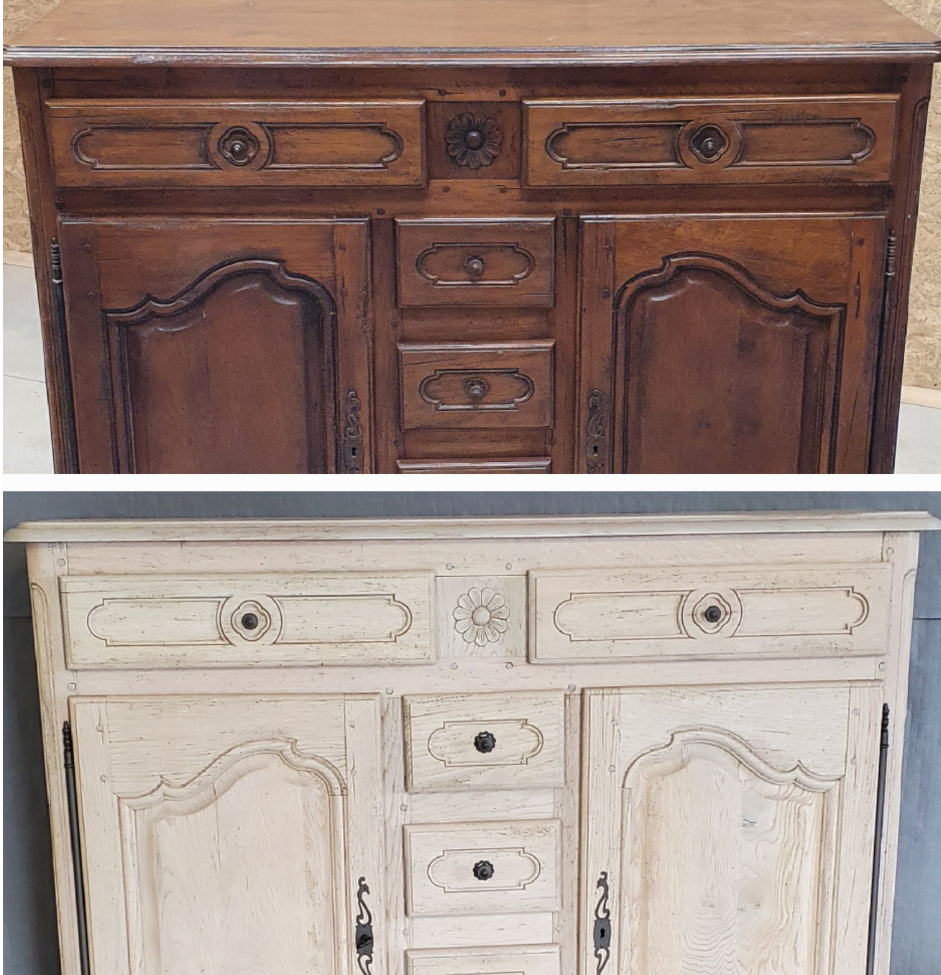 Buffet ancien avec portes et tiroirs sculptés avant après, l'un décapé par aérogommage et l'autre en bois foncé
