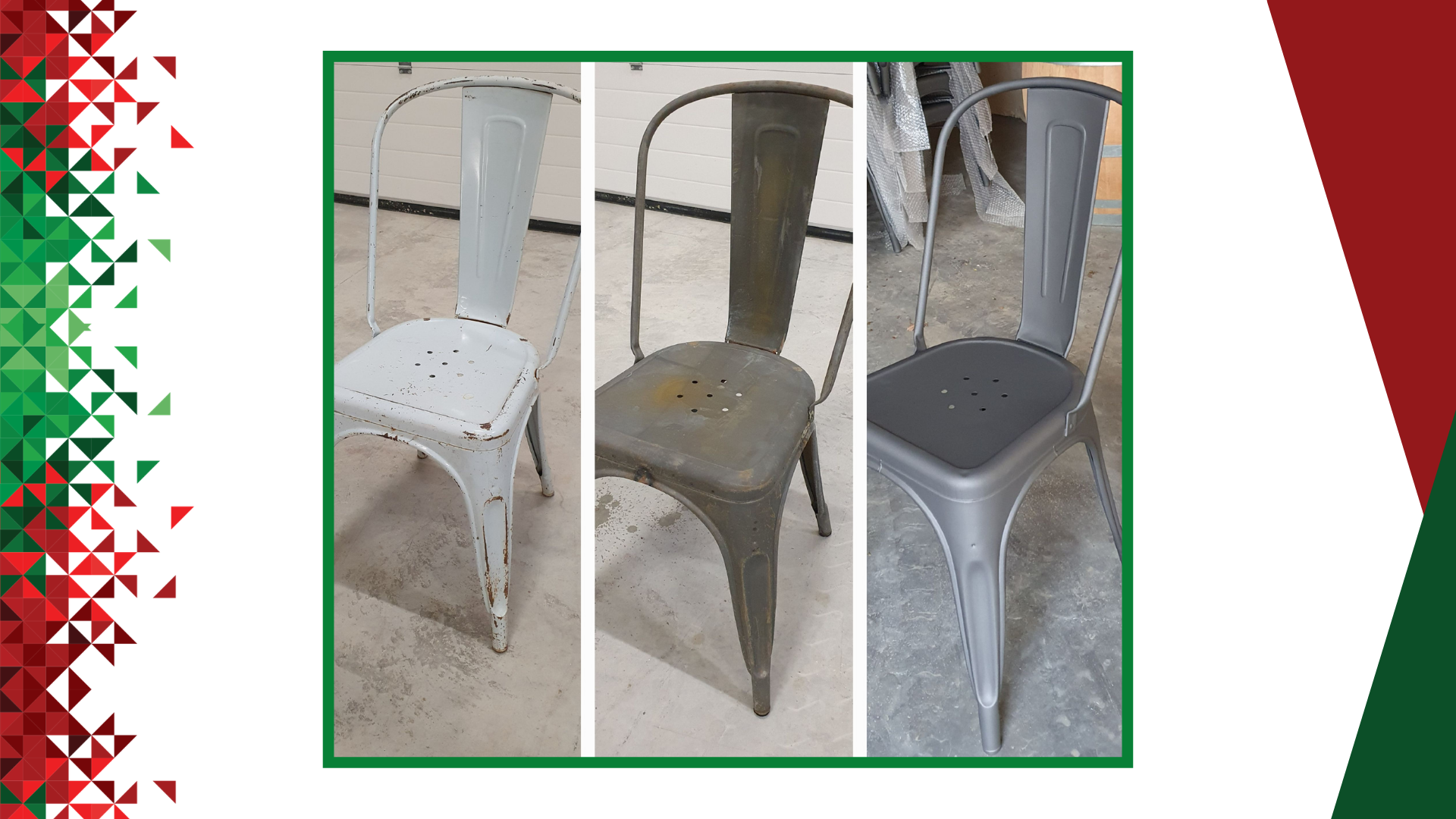 Trois chaises en métal blanc, gris et argenté sont présentées côte à côte dans un collage.