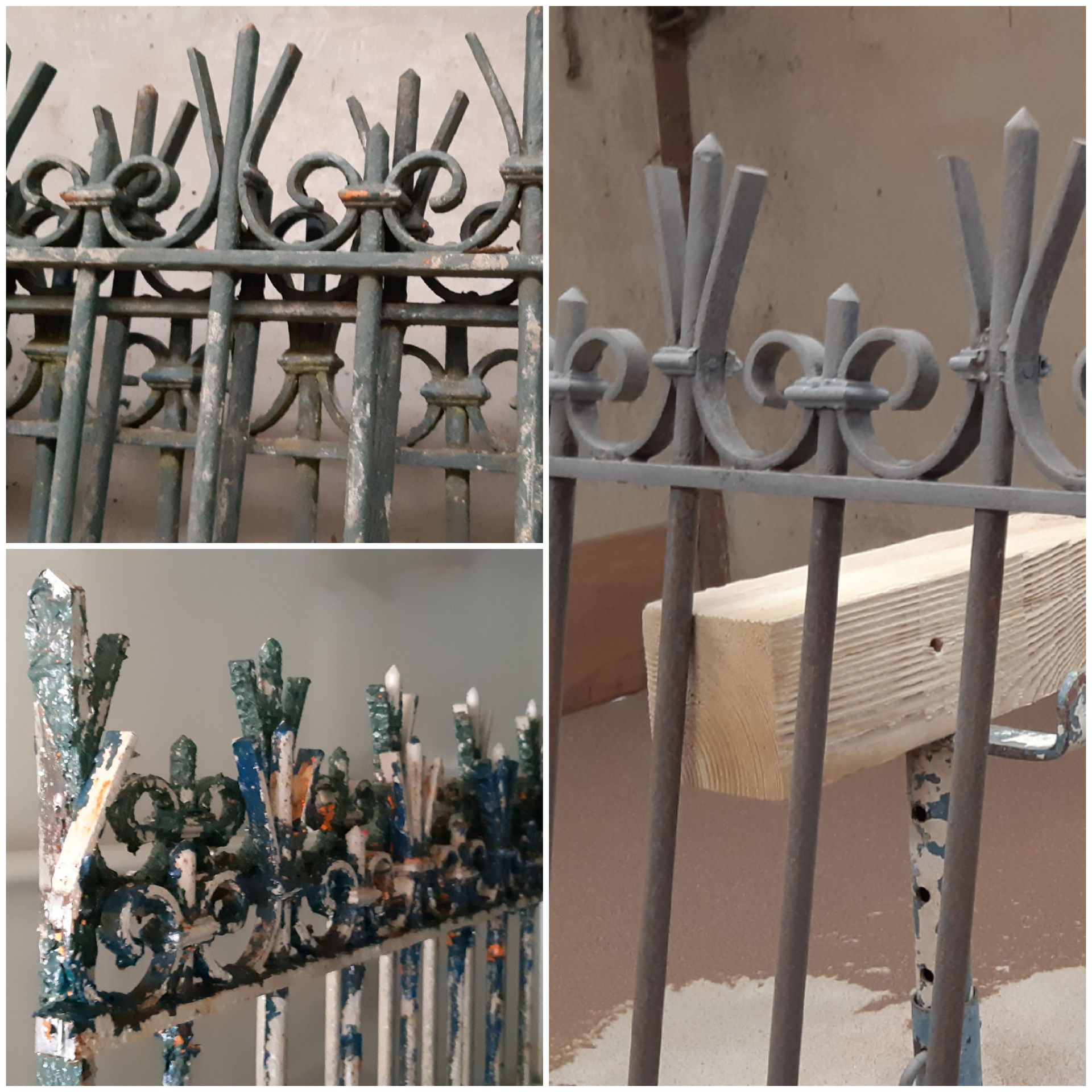 Clôture décorative en fer gris ornée de volutes et de pointes acérées.