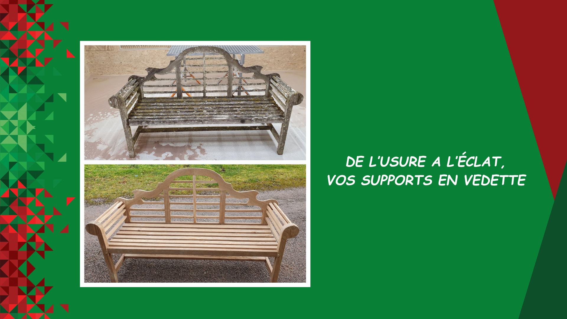 Deux bancs en bois rustiques sur fond vert, avec texte promotionnel en français à droite.