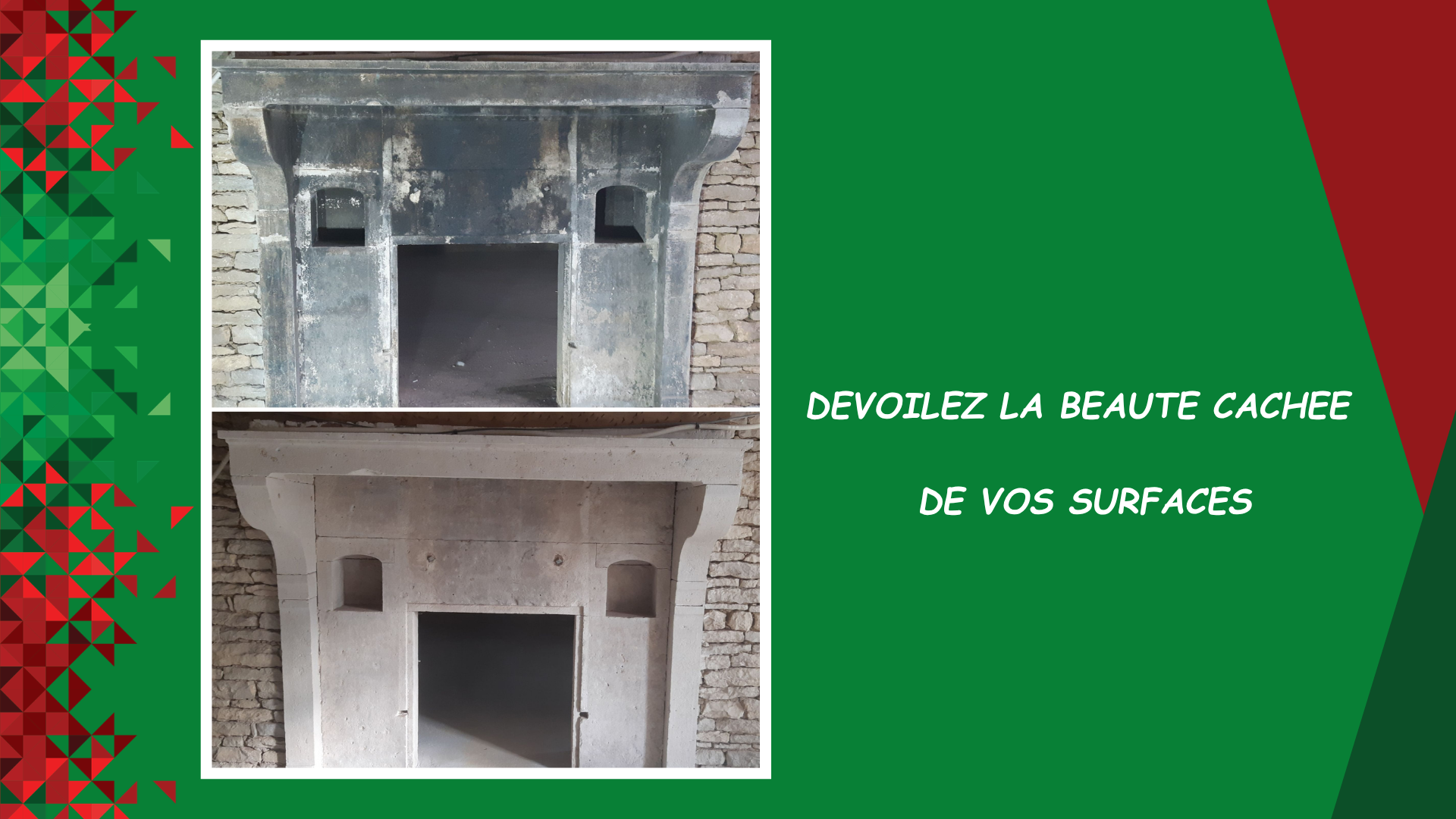 Visuel promotionnel français avec deux surfaces en béton gris et le texte sur fond vert et rouge Révélez la beauté cachée de vos surfaces.