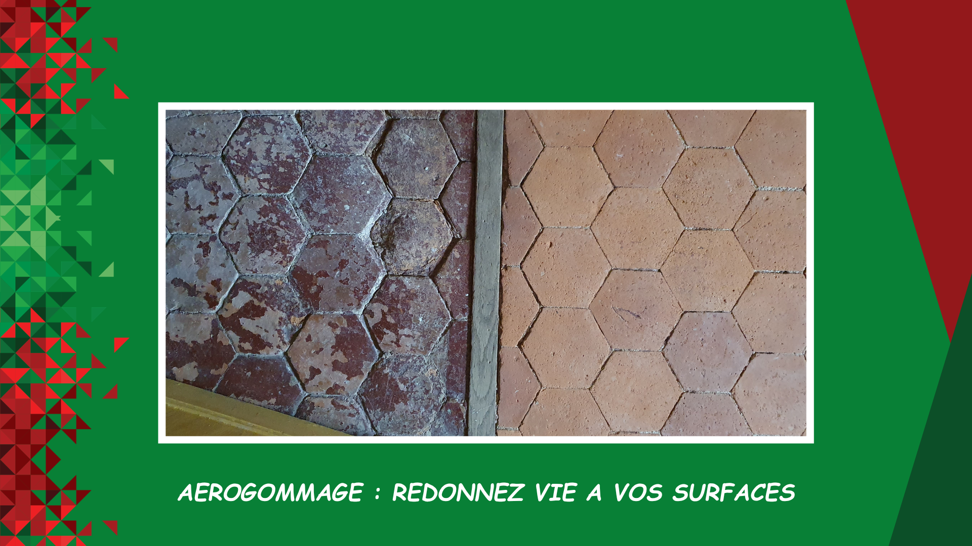 Publicité française : avant et après réparation d’une surface en pierre fissurée et de pavés beiges sur fond vert-rouge.