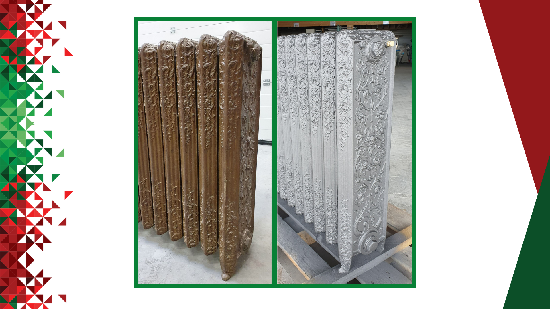 Panneaux décoratifs en métal bronze et argent, présentés côte à côte sur un fond blanc bordé de vert.