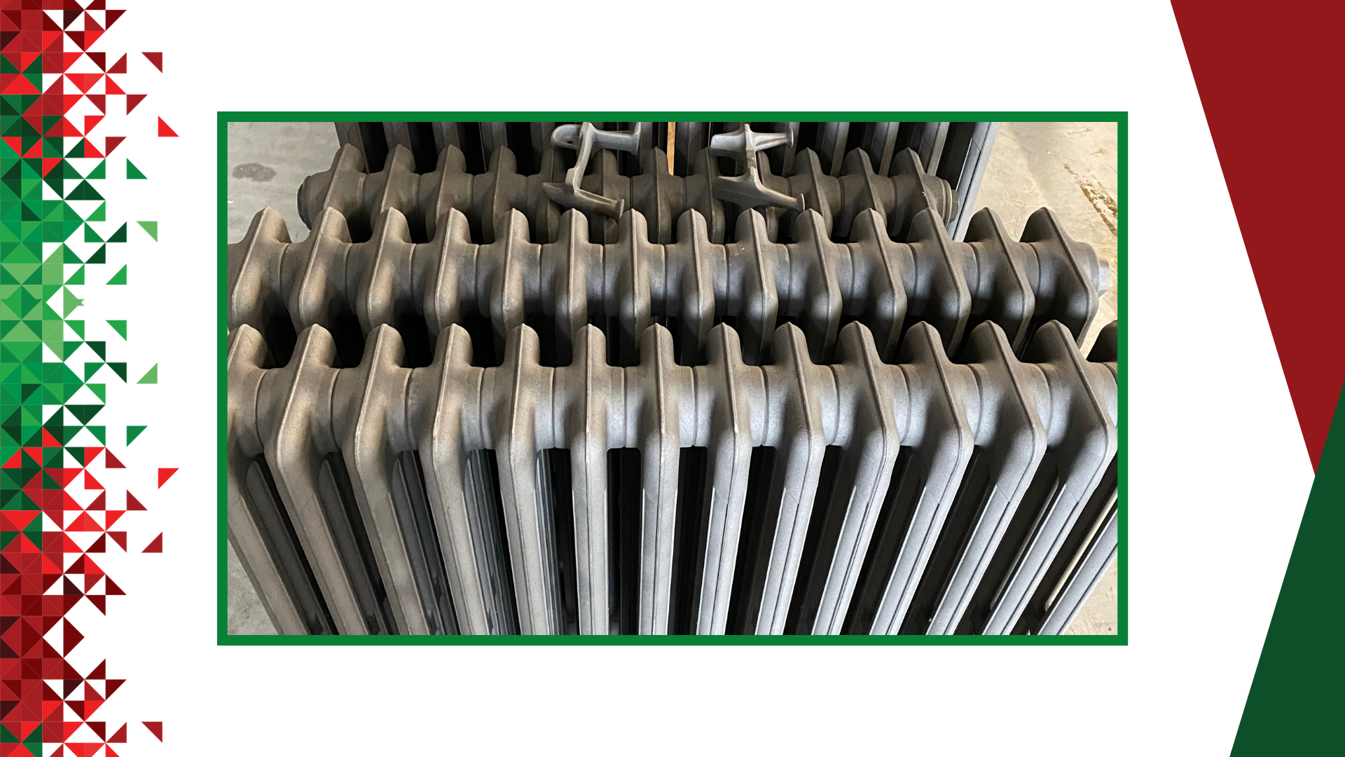 Des rangées de radiateur en métal à l'intérieur d'un cadre à bordure verte sur un fond blanc, rouge et vert