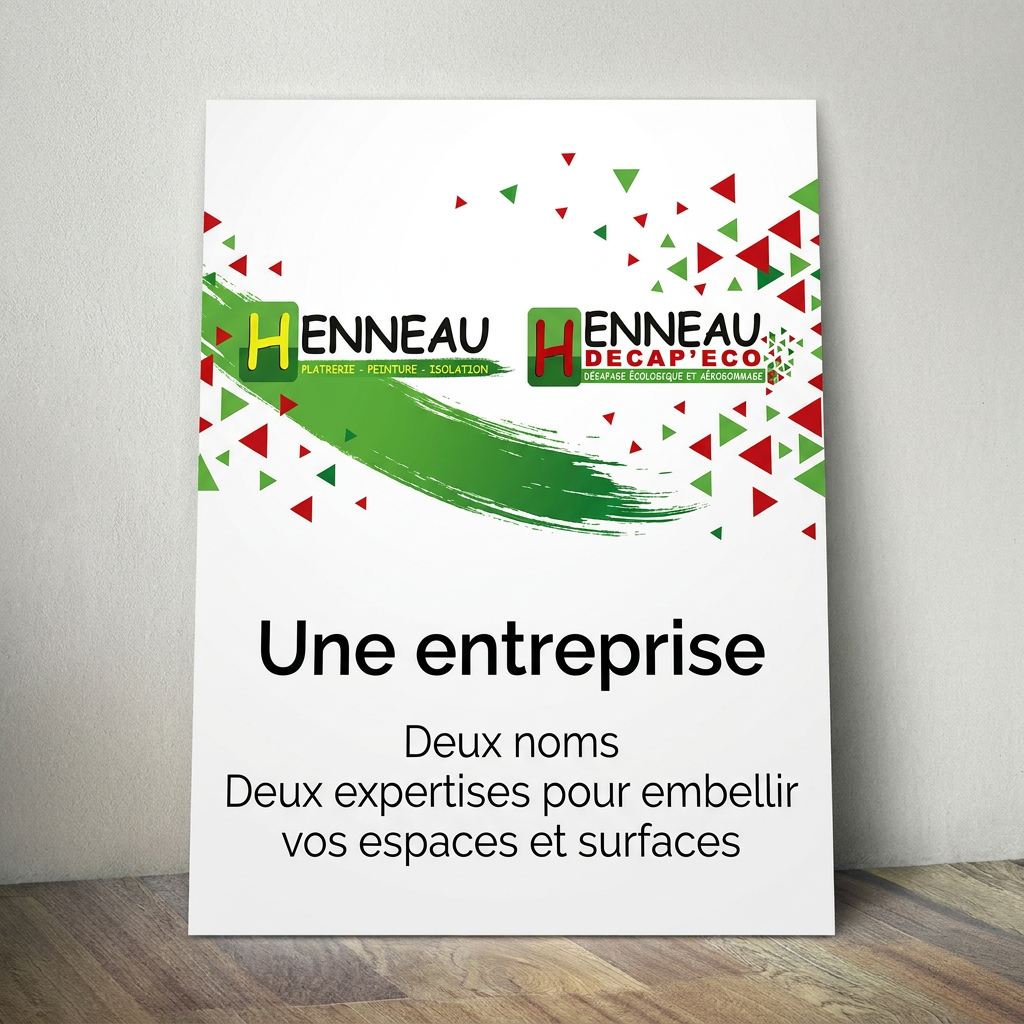 Dépliant publicitaire avec un visuel abstrait vert et rouge et un texte en français sur l'entreprise et son savoir-faire.