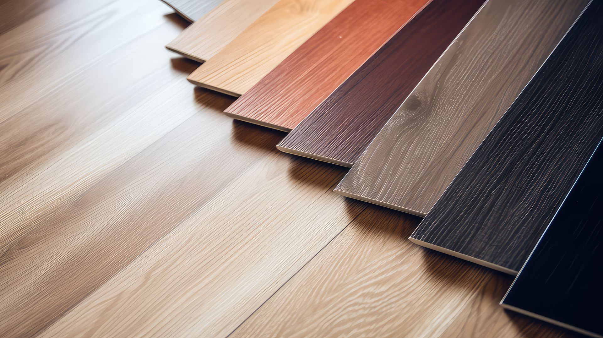 Échantillons de lames de parquet en bois de couleurs assorties, présentés sur une surface en bois clair.