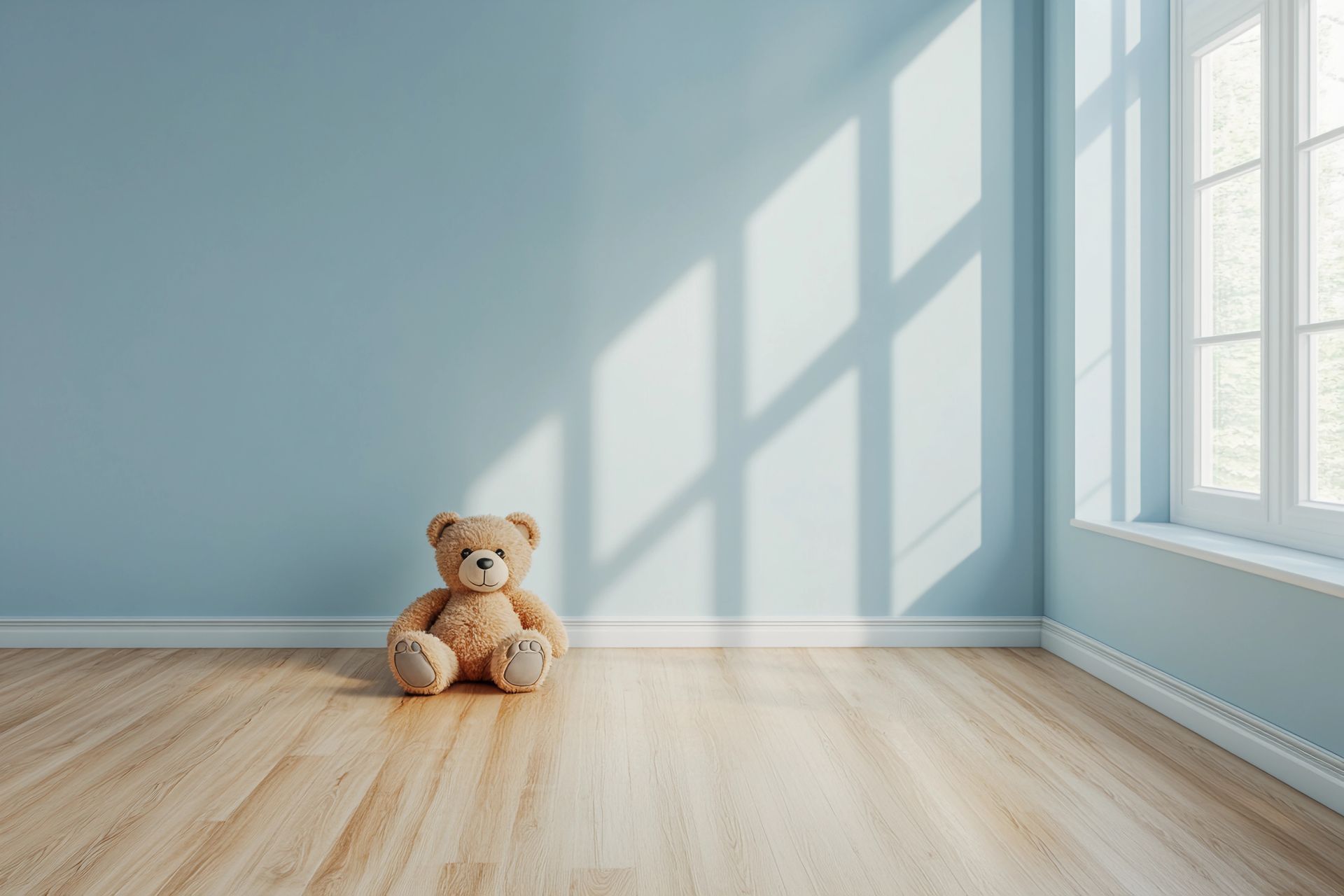 Un ours en peluche sur un parquet nu dans une pièce vide baignée de soleil, aux murs bleus.