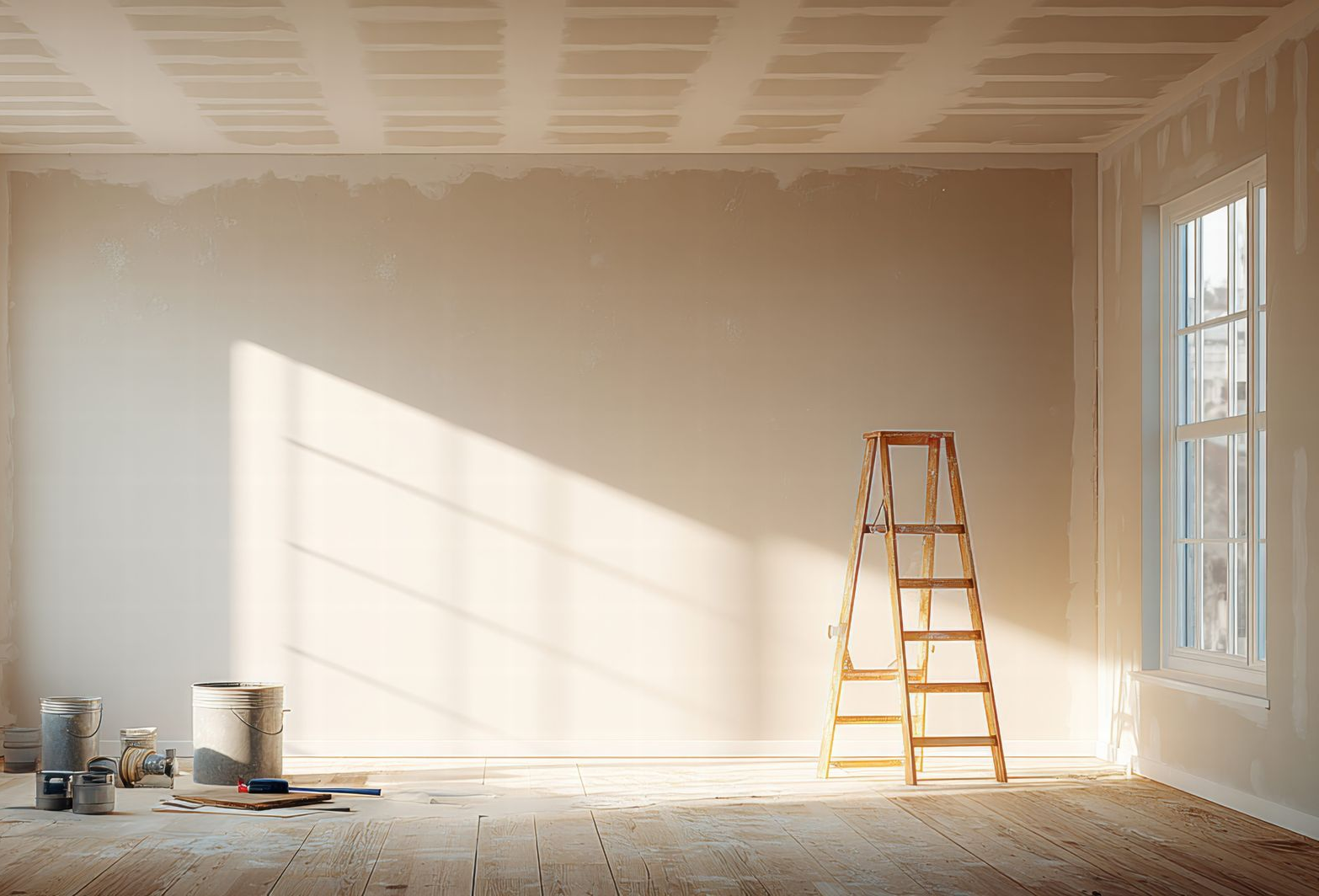 Pièce vide et ensoleillée avec du matériel de peinture et une échelle contre le mur, prête à être rénovée.