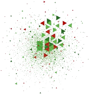 Ensemble abstrait de triangles et de points rouges et verts sur fond blanc