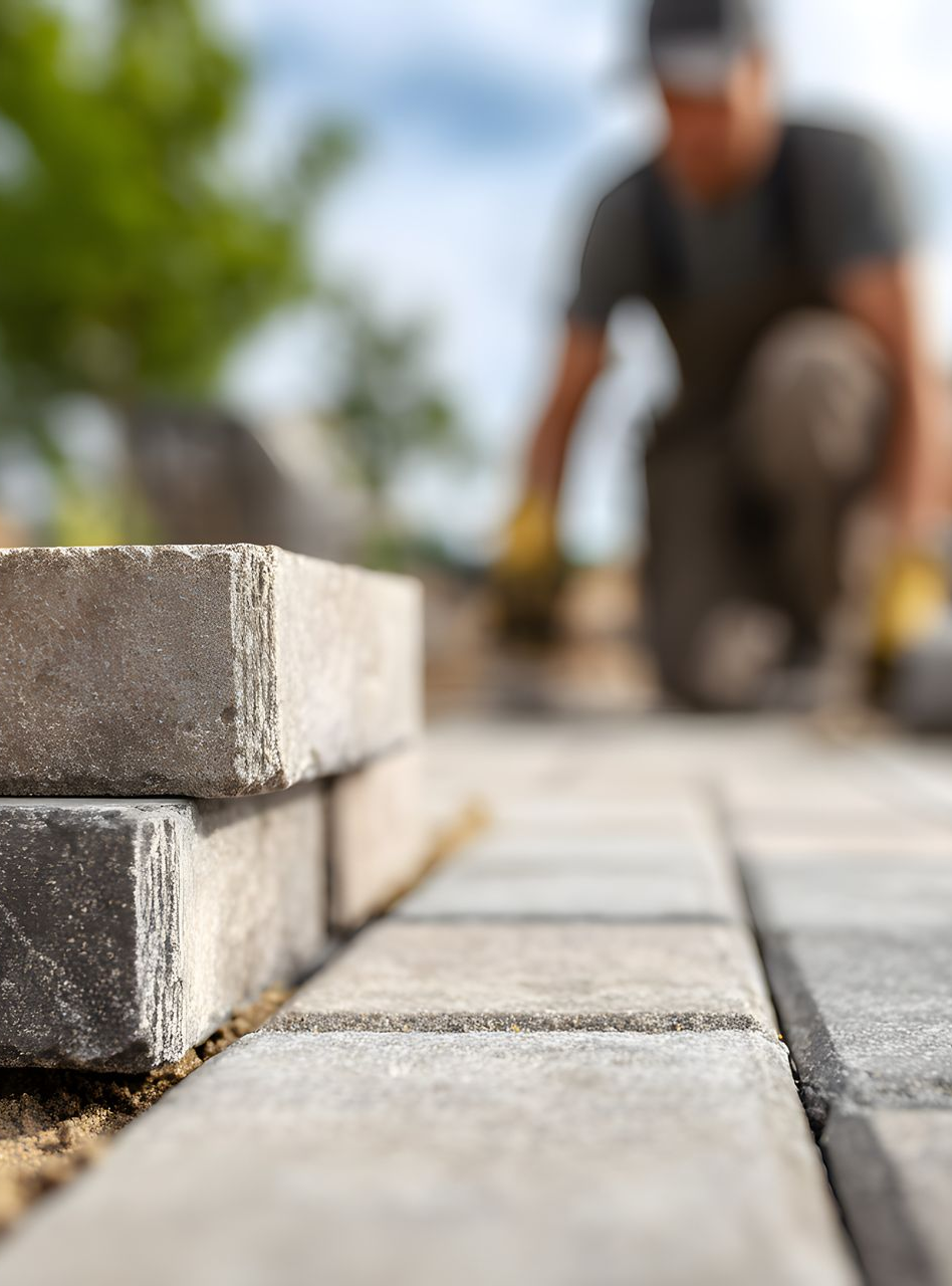 Un ouvrier du bâtiment, agenouillé, pose des pavés. Un tas de pierres se trouve au premier plan ; des arbres verts et le ciel sont visibles à l’arrière-plan.