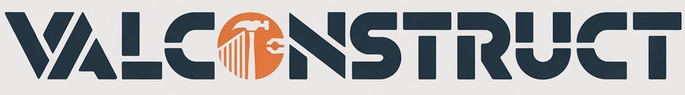 Logotipo para VALCONSTRUCT, empresa constructora, con un martillo naranja y un icono de edificio.