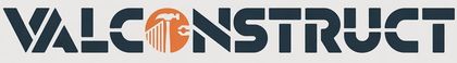 Logotipo para VALCONSTRUCT, empresa constructora, con un martillo naranja y un icono de edificio.