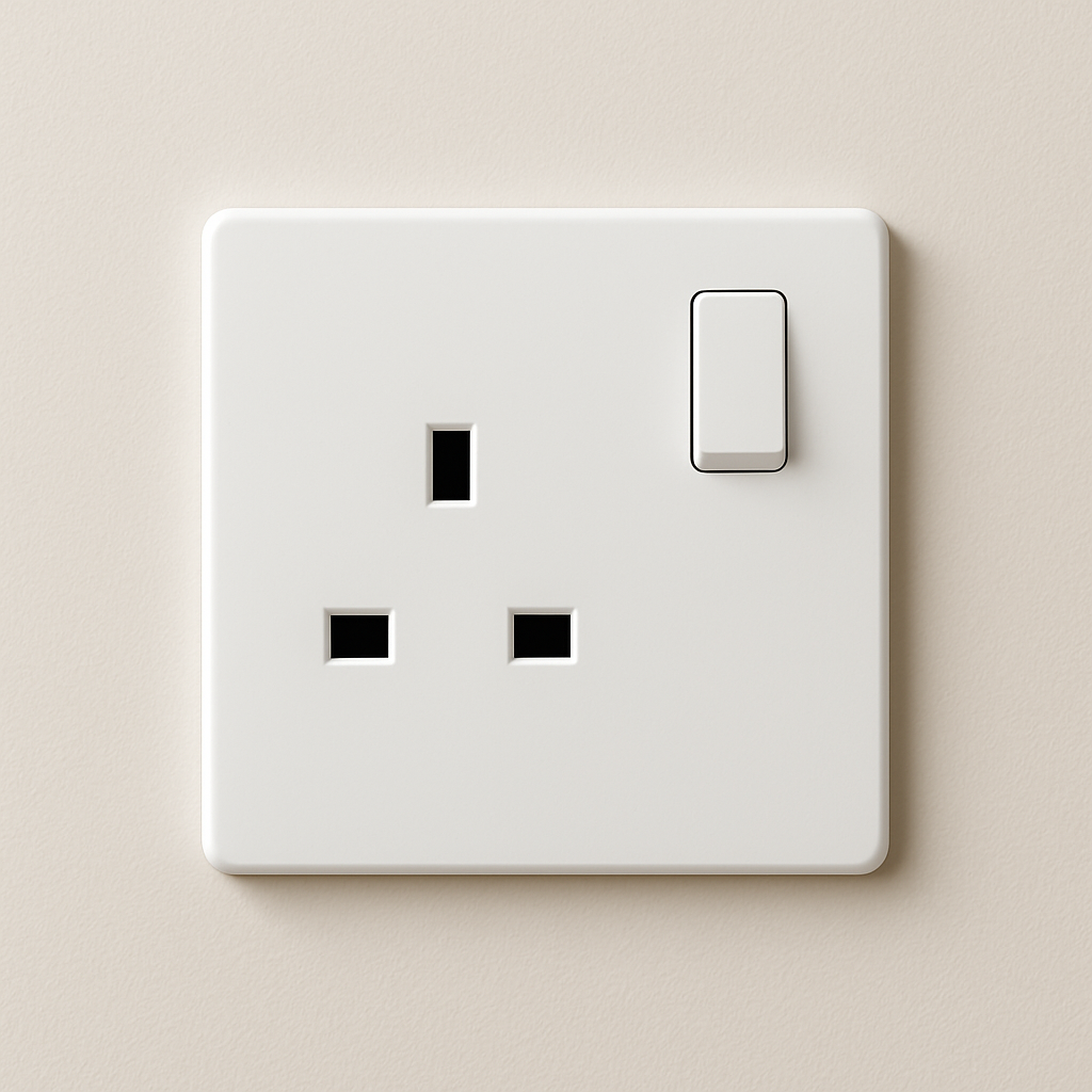White electrical outlet with two sockets and switches on a neutral wall.