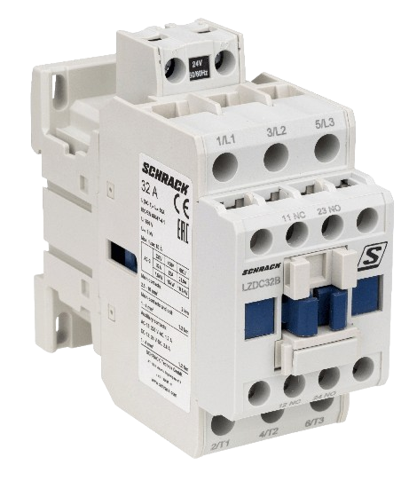 White Schneider electric contactor with labeled terminals and blue accents.