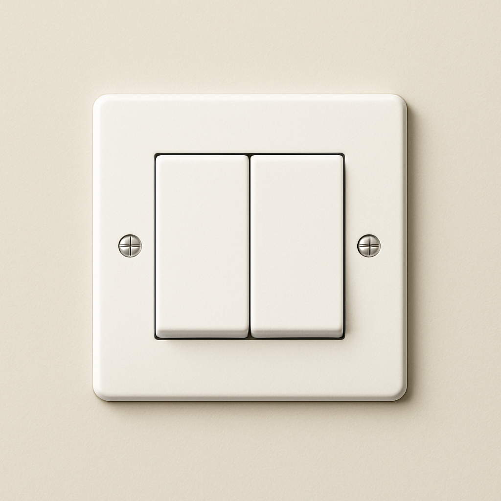 Black square light switch on a beige wall.