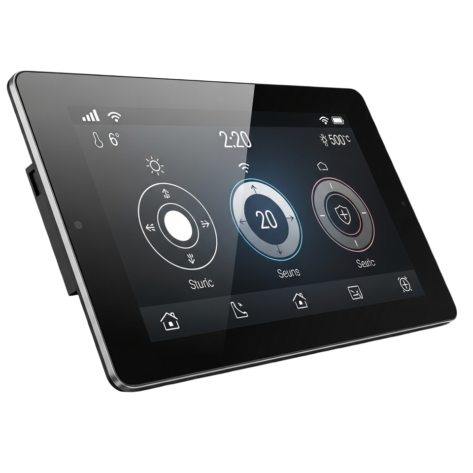 Black smart home control panel with a dial and three icons: house, lightbulb, and power.