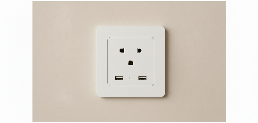 White electrical outlet with two sockets and switches on a neutral wall.