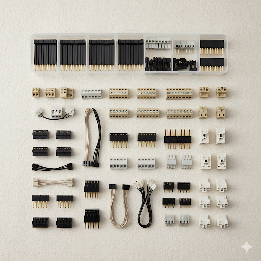 Electronics connectors organized in a clear plastic container and scattered below.