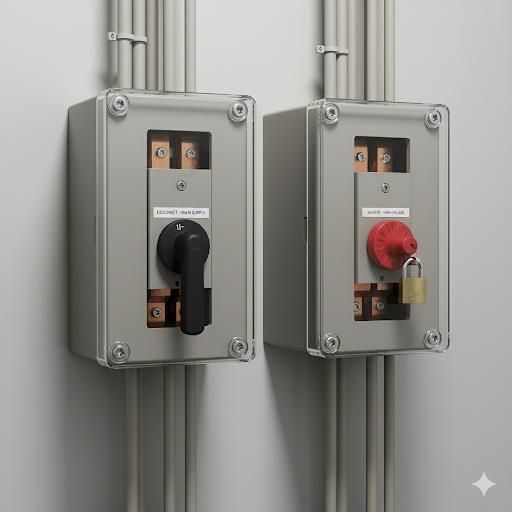 Two gray electrical disconnect switches mounted on a wall. One has a black handle. The other has a red emergency stop button locked with a padlock.