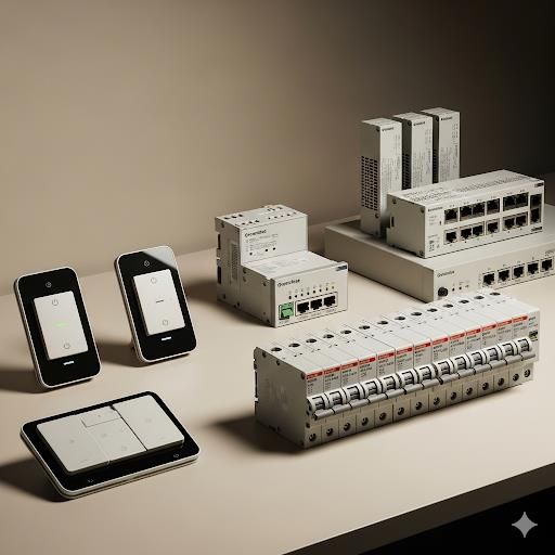 Various white smart home devices, including touchscreens, switches, and circuit breakers on a beige surface.