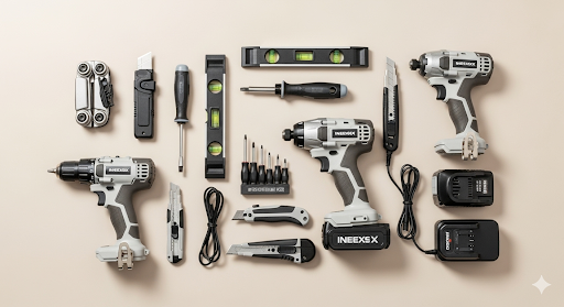 Assortment of power tools and hand tools, including drills, levels, and knives, in neutral tones against a beige background.