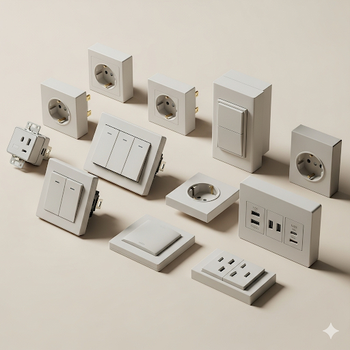 Various gray electrical outlets and light switches on a light beige background.