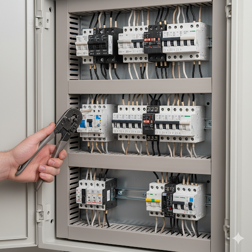 Hand holding crimping tool near electrical panel with wires and breakers.