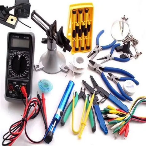 Electronics repair tools and components, including a multimeter, pliers, and soldering iron.