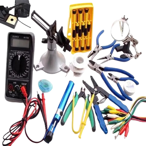 Electronics repair kit: multimeter, soldering iron, pliers, screwdrivers, magnifying glass, and wires.