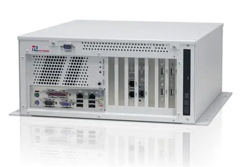 White industrial server computer with multiple ports and expansion slots.