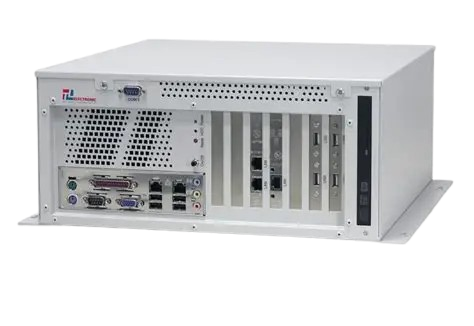 White industrial computer server with ports and slots visible from the back.