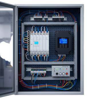 White electrical outlet with two sockets and switches on a neutral wall.