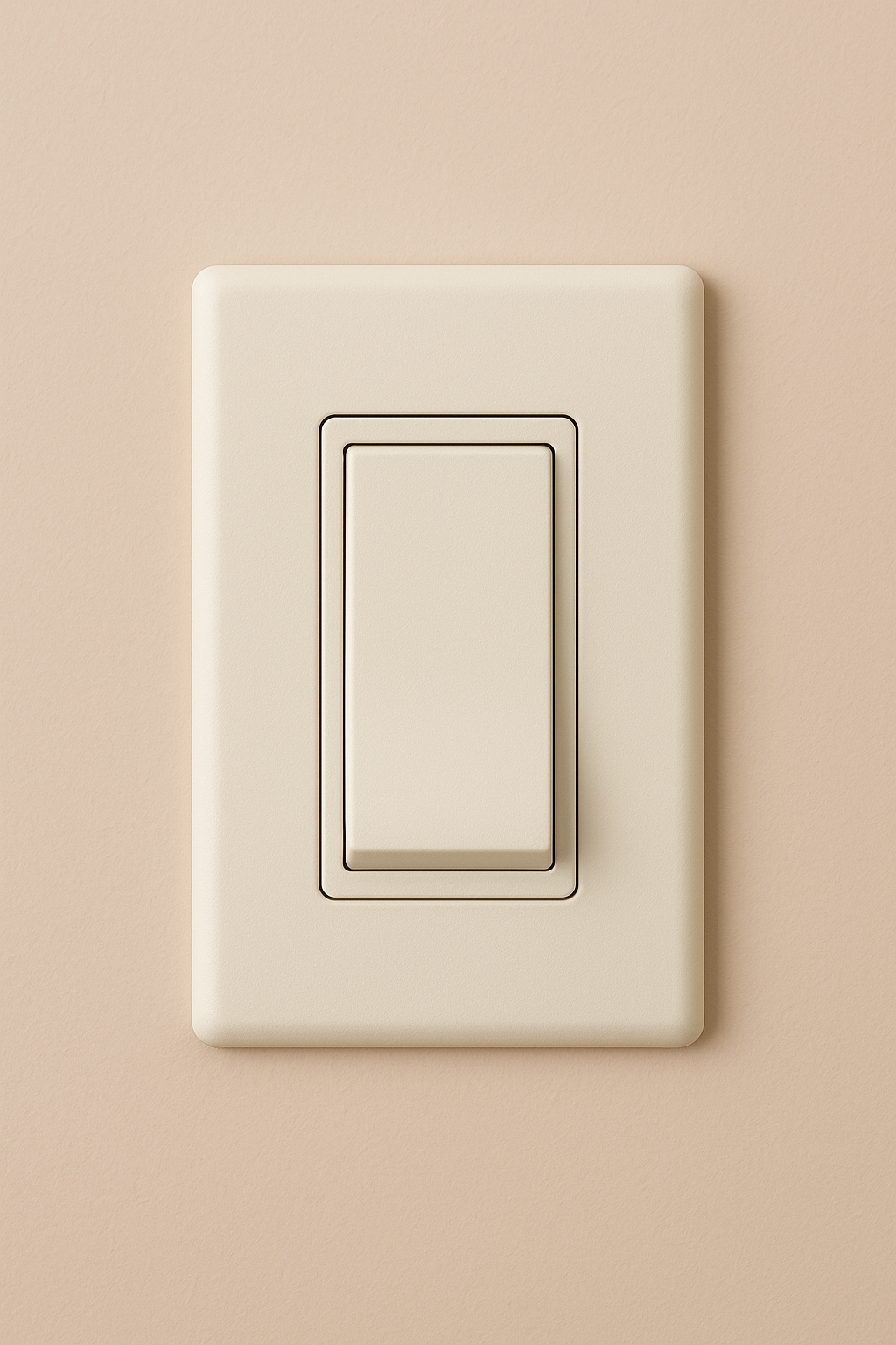 Black square light switch on a beige wall.