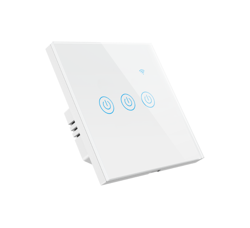 White light switch with a central rocker and four small dots, mounted on a gray wall.