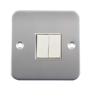 White electrical outlet with two sockets and switches on a neutral wall.