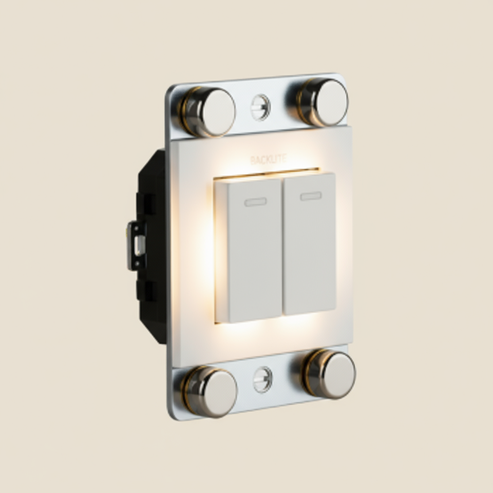 Black smart home control panel with a dial and three icons: house, lightbulb, and power.