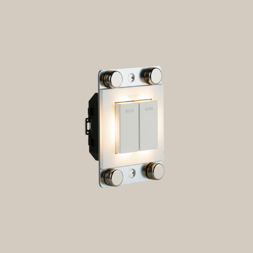 Black smart home control panel with a dial and three icons: house, lightbulb, and power.