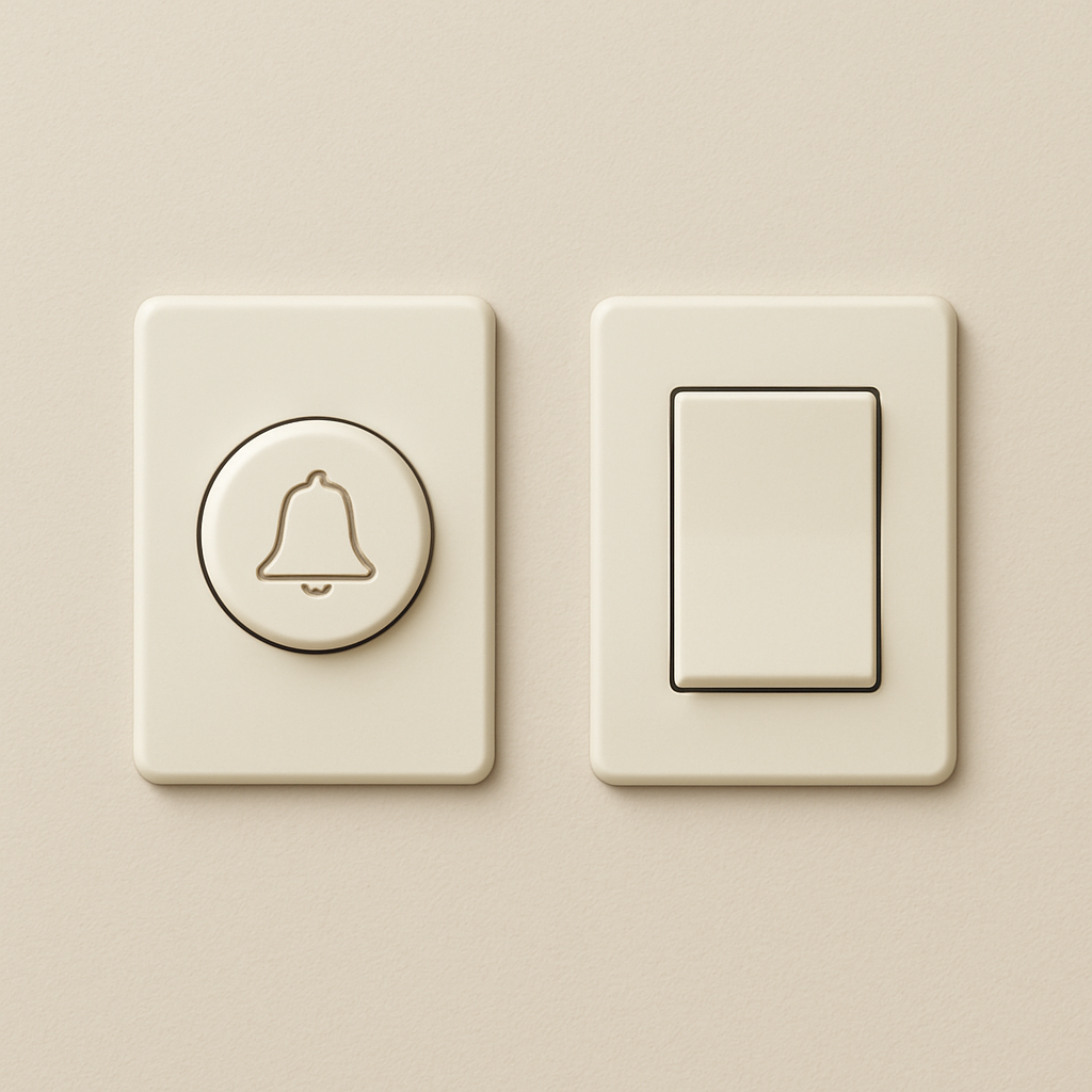 White electrical outlet with two sockets and switches on a neutral wall.