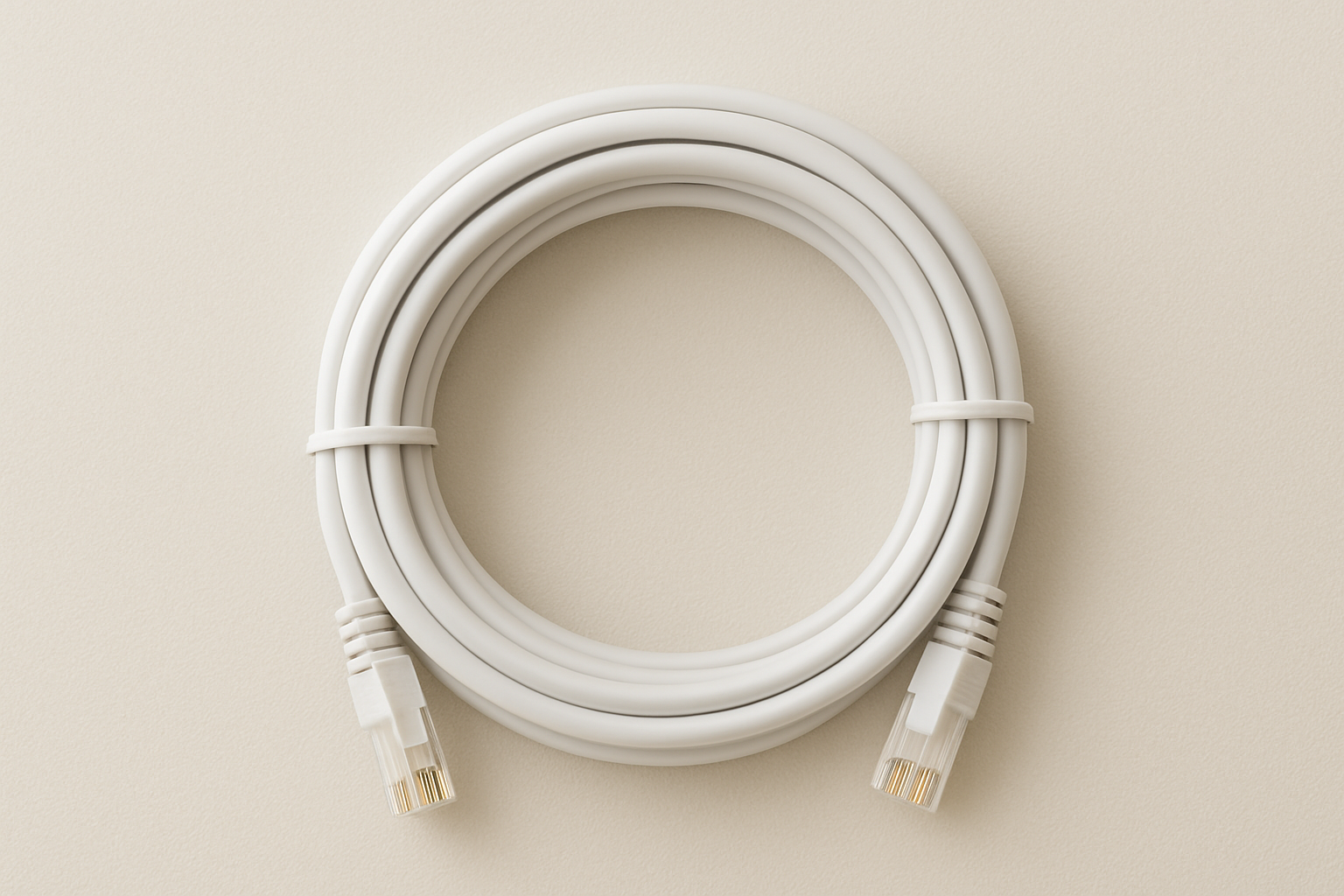 White Ethernet cable coiled on a light beige surface, connectors visible.