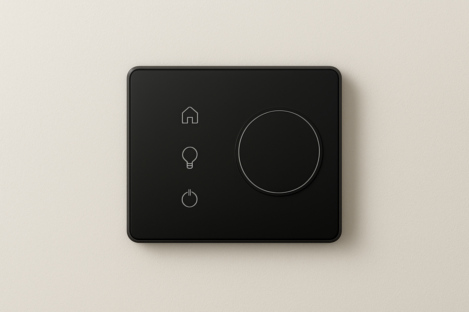 Black smart home control panel with a dial and three icons: house, lightbulb, and power.