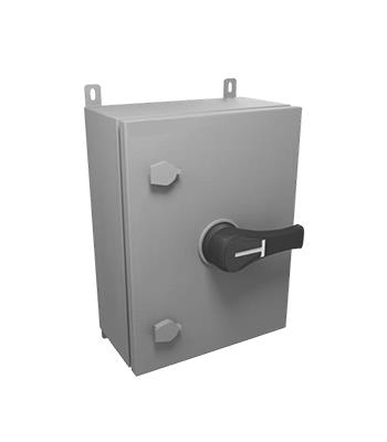 Black square light switch on a beige wall.