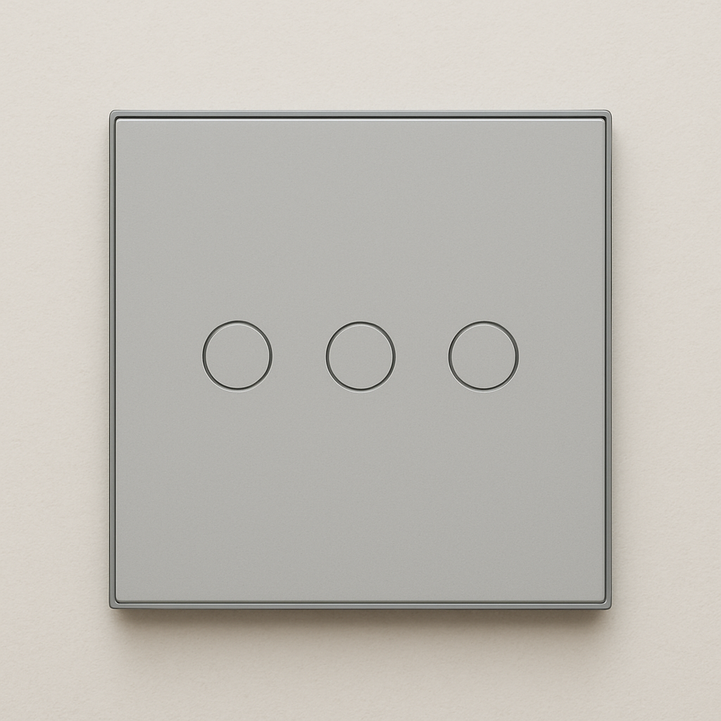 Black smart home control panel with a dial and three icons: house, lightbulb, and power.