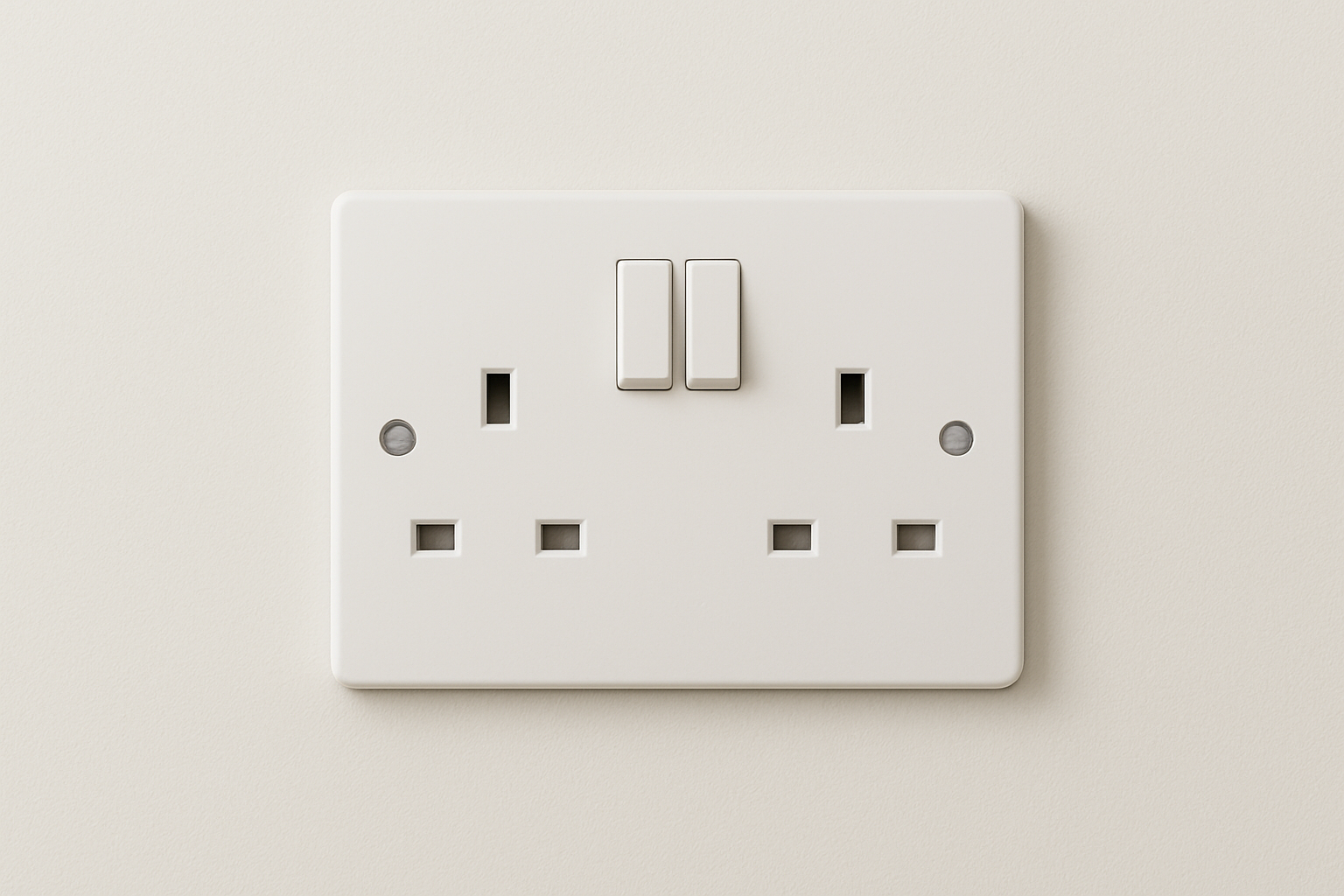 White electrical outlet with two sockets and switches on a neutral wall.