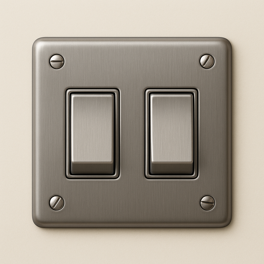 White electrical outlet with two sockets and switches on a neutral wall.