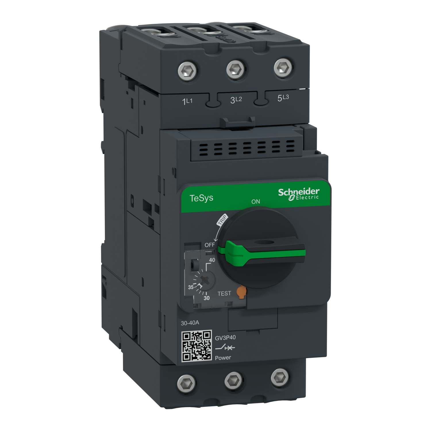 Schneider Electric motor protection circuit breaker with green handle and controls.
