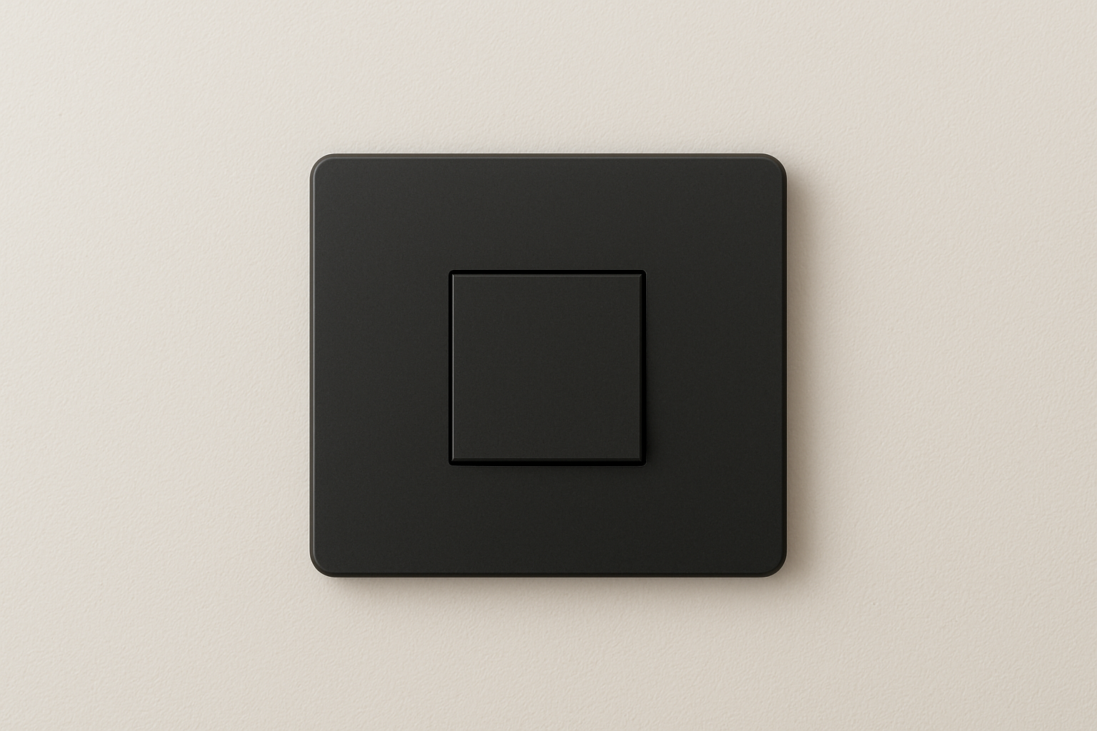 Black square light switch on a beige wall.