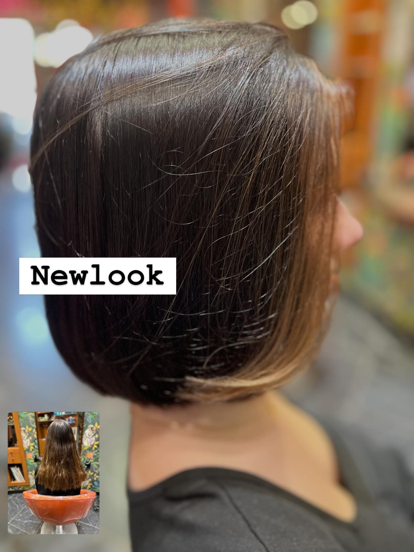 Une photo avant/après montrant une transformation capillaire, passant de longs cheveux ondulés à un carré brun lisse arrivant au menton, avec des mèches éclaircissantes.