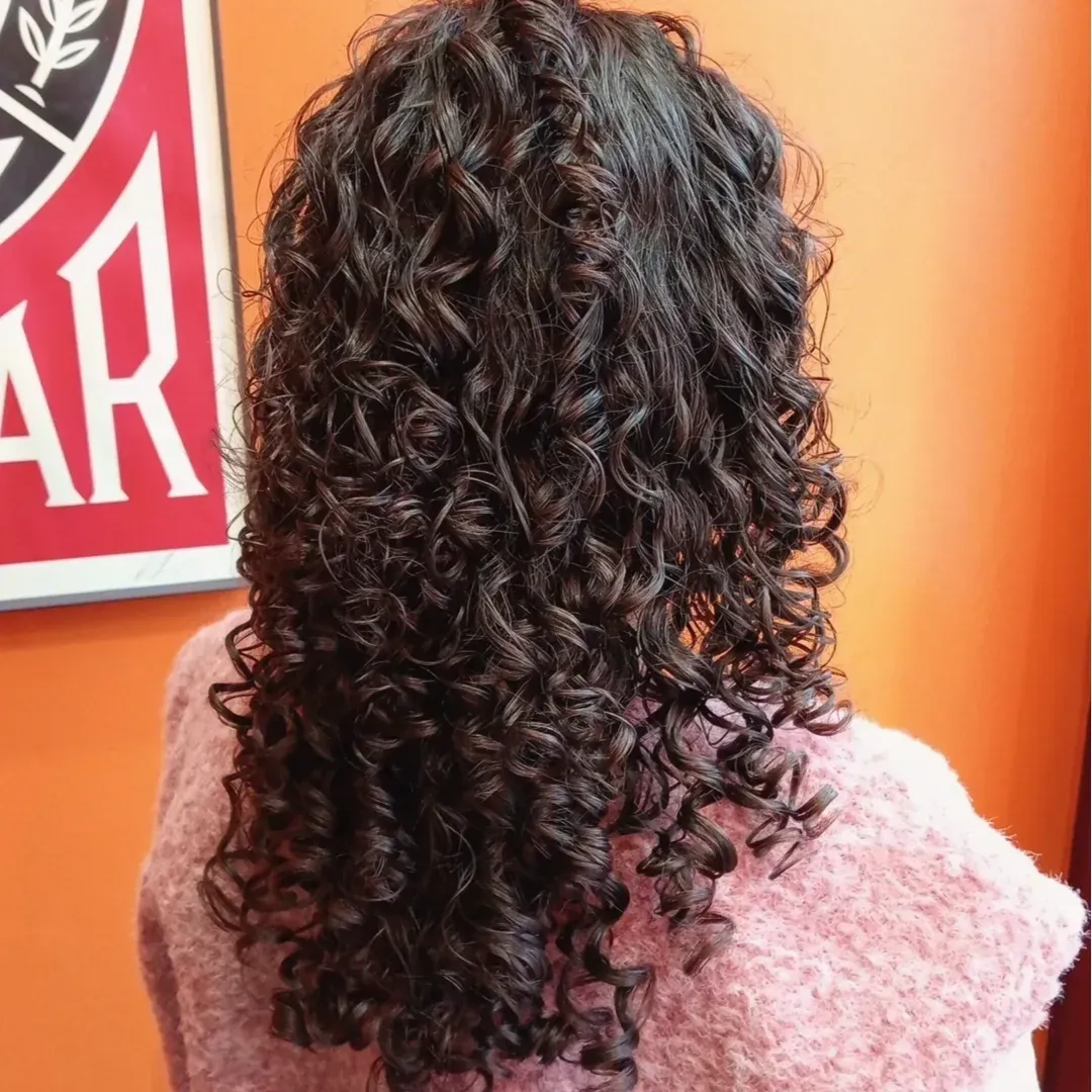 Une personne aux longs cheveux bruns foncés et bouclés, vue de dos, portant un haut rose duveteux sur fond orange.