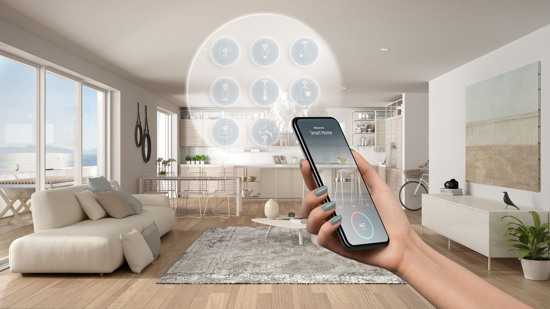 Main tenant un smartphone dans un salon moderne et lumineux, contrôlant les paramètres de la maison sur l'écran.